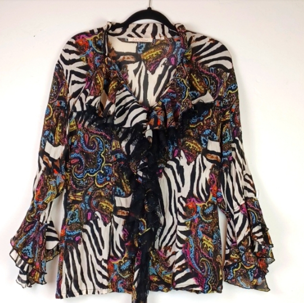 LE CAVIAR Zebra Floral-Graphic Lace Ribbon Ruffle Bell Sleeve  Edgy Blouse SZ L - Picture 11 of 15